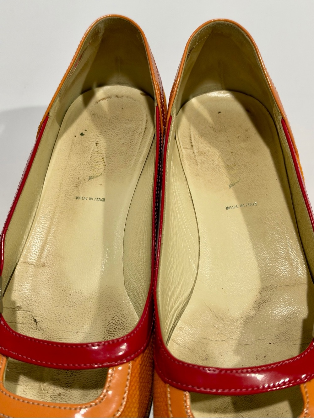 Prada Orange Pink Mary Jane Pumps Colorblock Low Block Heels EU 37 Mod - Picture 7 of 11